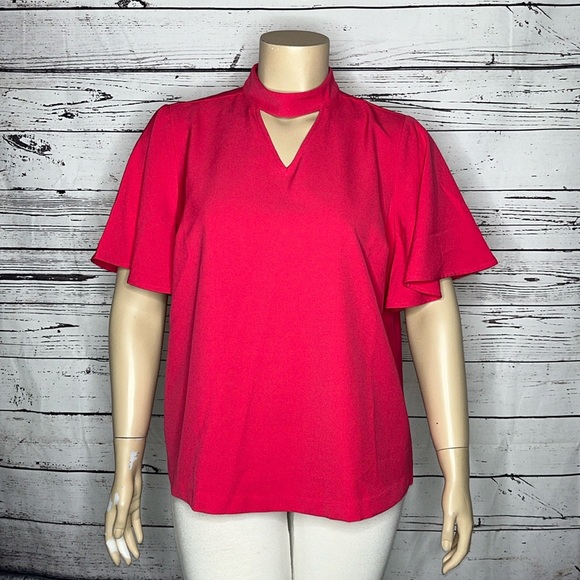 Lane Bryant Tops - Lane Bryant Hot Pink Keyhole Flutter Sleeve Blouse
